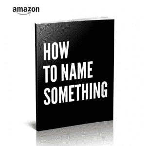 Product mockup of a black book with the title how to name something in white letters amazon logo shown in the top left corner