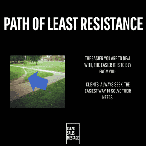 Path of least resistance Marketing graphic with bold title path of least resistance on black background left image of a park with a blue arrow and sales message on the right about easy buying decisions