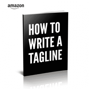 Amazon logo in the top left a 3d black book cover titled how to write a tagline with a reflection underneath