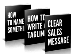 Three black paperback books with bold white titles how to name something how to write a tagline and clear sales message