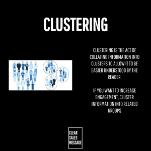 Large white clustering title on a black background left shows a light blue group of people with circular highlighted clusters right column explains clustering concept in white text small clear sales message box at bottom