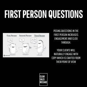 Slide showing first person questions title left graphic with three characters labeled first second third person and speech bubbles i we you he she it they right side paragraph about engaging copy small grammarly logo on left of the graphic