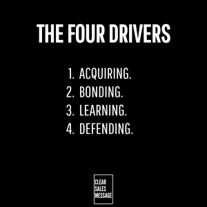 Four drivers 2 Black slide with white title the four drivers and list 1 Acquiring 2 Bonding 3 Learning 4 Defending Small logo reads clear sales message at bottom