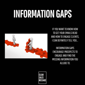 Information gap Graphic titled information gaps showing two 3d figures with red puzzle pieces on the left and text on the right against a black background