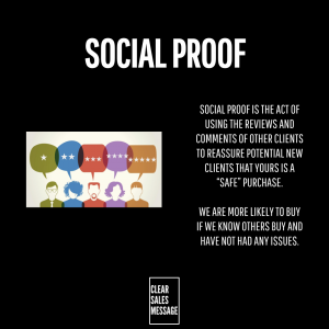 Social proof Poster style image with a large social proof title left diverse people under colorful speech bubbles right explanatory text about social proof bottom clear sales message logo
