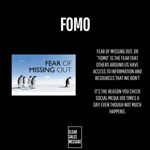 Black layout with a large fomo headline left shows a penguin photo labeled fear of missing out right contains a block of text about fomo a white bordered clear sales message box sits below