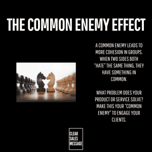 Common enemy effect Poster style graphic with the title the common enemy effect a left aligned photo of opposing chess knights and right side text about unity against a common enemy small clear sales message logo at bottom