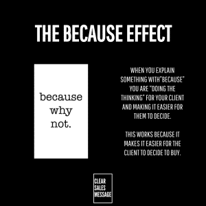 Poster titled the because effect on black background left vertical white card reads because why not  right two blocks of text about using because to influence client decisions bottom small clear sales message logo