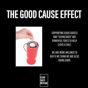 Poster style image with the title the good cause effect left shows a hand squeezing a red bottle right contains text about how supporting causes can influence buying bottom logo reads clear sales message