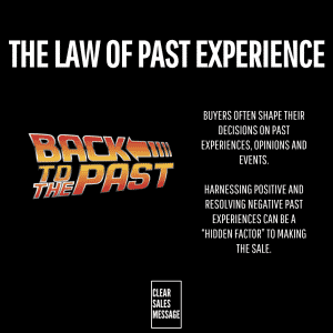 The law of past experience Black poster title the law of past experience with a back to the past logo on the left and white text about how past experiences shape buyers plus a small bordered clear sales message box at the bottom