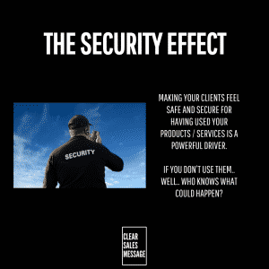 The security effect Black marketing poster bold title the security effect at top left photo of a security guard right column with safety message about clients feeling secure logo clear sales message bottom