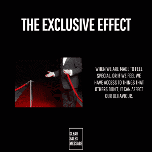 The exclusive effectt Promo graphic titled the exclusive effect with a suited man behind a red rope and a right side paragraph about how feeling privileged can affect behavior plus a bottom clear sales message box