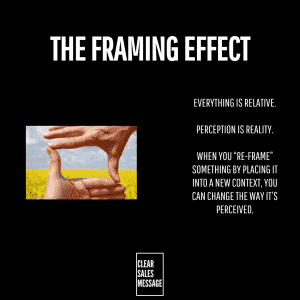 The framing effect Black poster about the framing effect with a photo of hands framing a landscape and right side quotes on perception bottom logo clear sales message