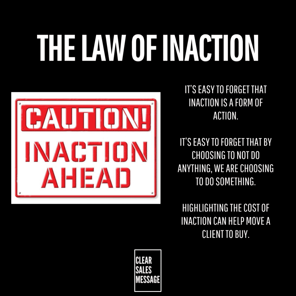 Poster titled the law of inaction on a black background with a red inaction ahead sign and right aligned quotes about inaction plus a small bordered clear sales message box at the bottom