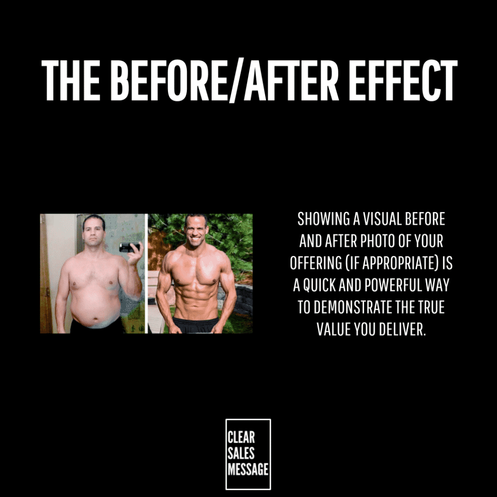 Slide titled the beforeafter effect with before and after photos of a man on the left and marketing text on the right clear sales message logo at bottom