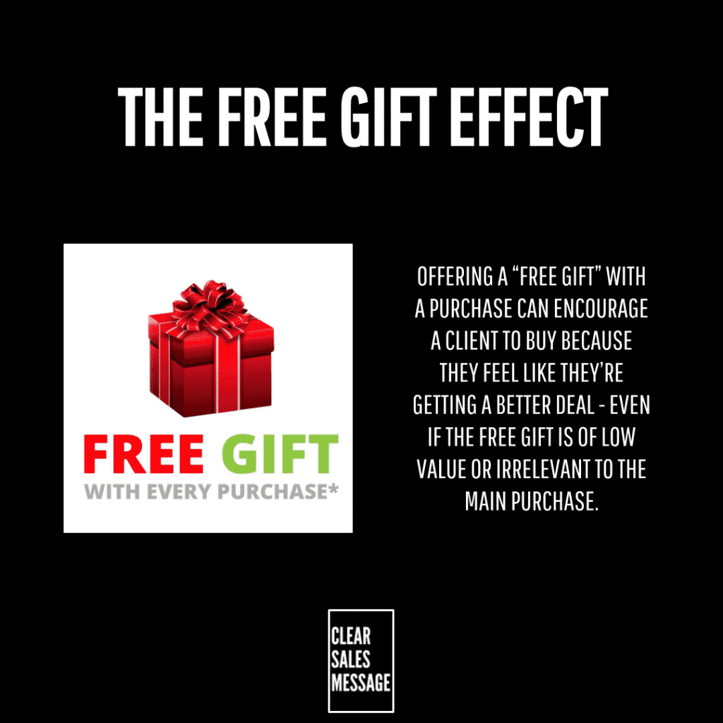Graphic titled the free gift effect on black background showing a red gift box on the left and explanatory text about a free gift with every purchase small clear sales message logo at bottom