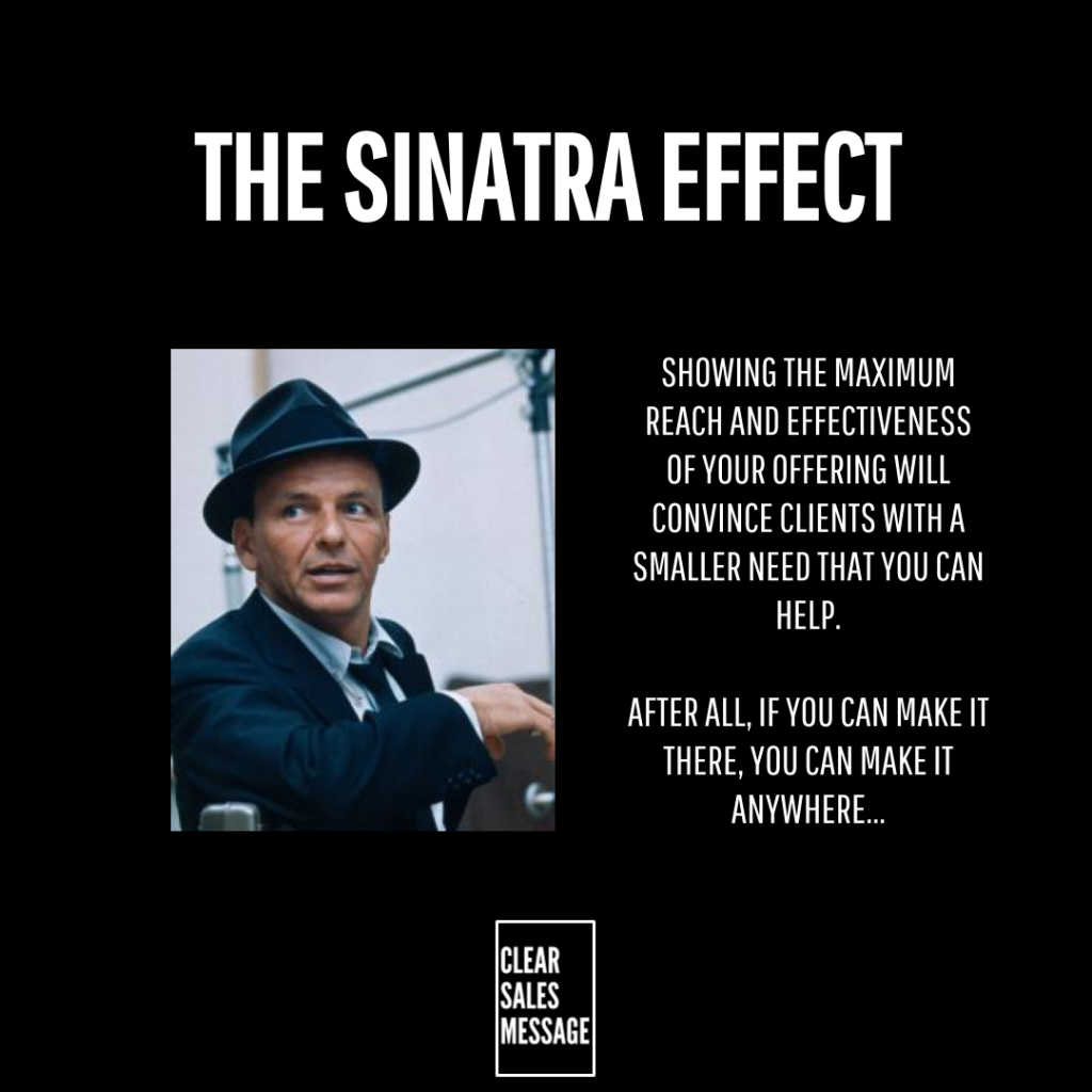Poster style image titled the sinatra effect with a man in a suit and hat on the left marketing text on the right and a clear sales message badge at the bottom