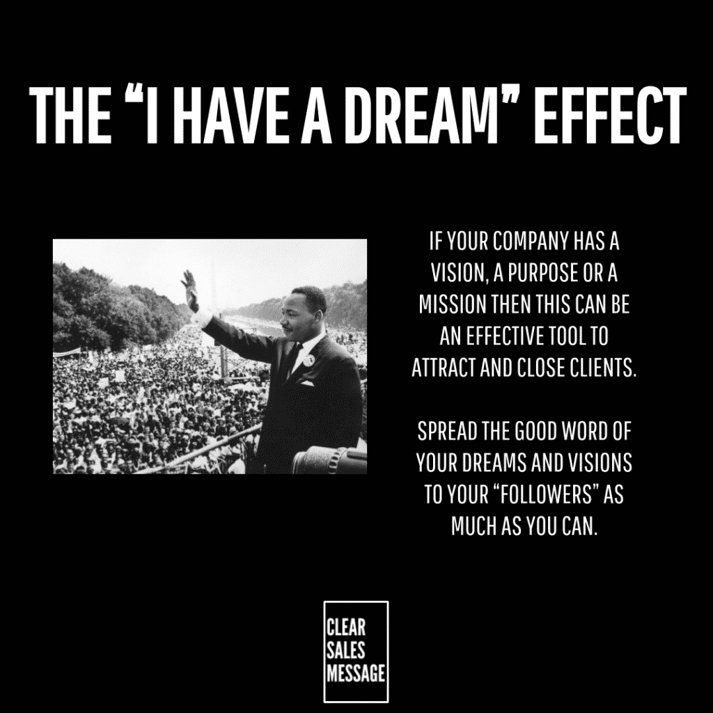Black infographic a vintage photo of a man giving a speech on the left and bold white text quotes on the right small clear sales message logo at bottom