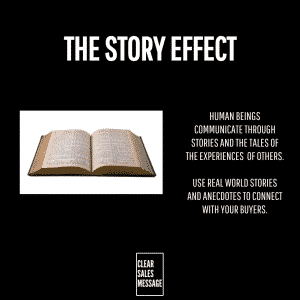 Infographic titled the story effect with an open book on the left and text about storytelling on the right black background