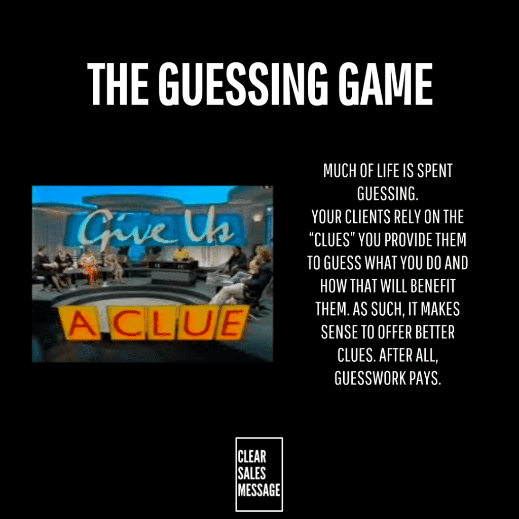 Header the guessing game with a studio photo on the left showing an a clue sign right column contains a paragraph about providing clues to clients