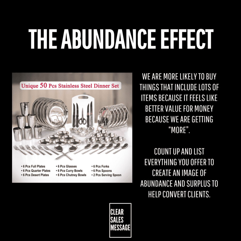 The abundance effect Black background with large title the abundance effect and a left image of a 50 piece stainless steel dinner set right column has motivational text about abundance and sales