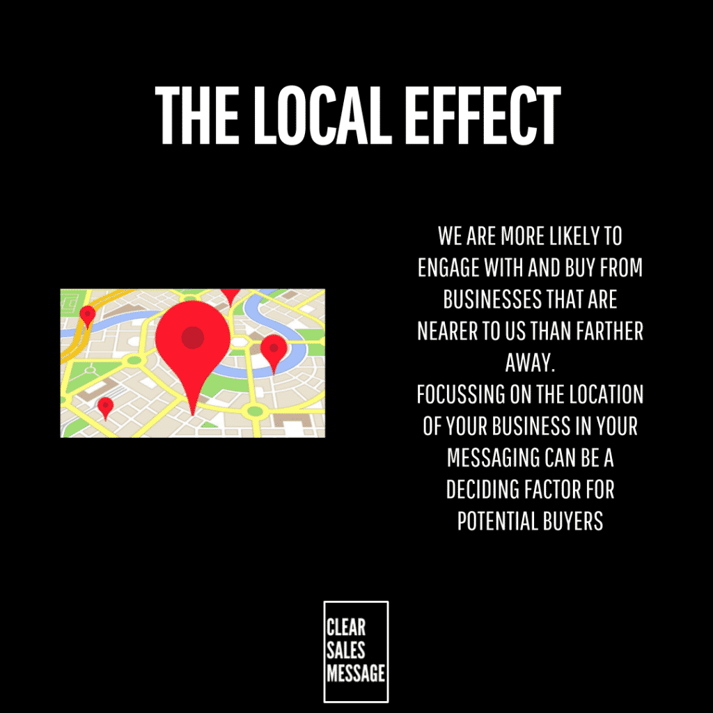 The local effect Black poster title the local effect left map with red pins right block of white text about engaging with nearby businesses bottom clear sales message logo