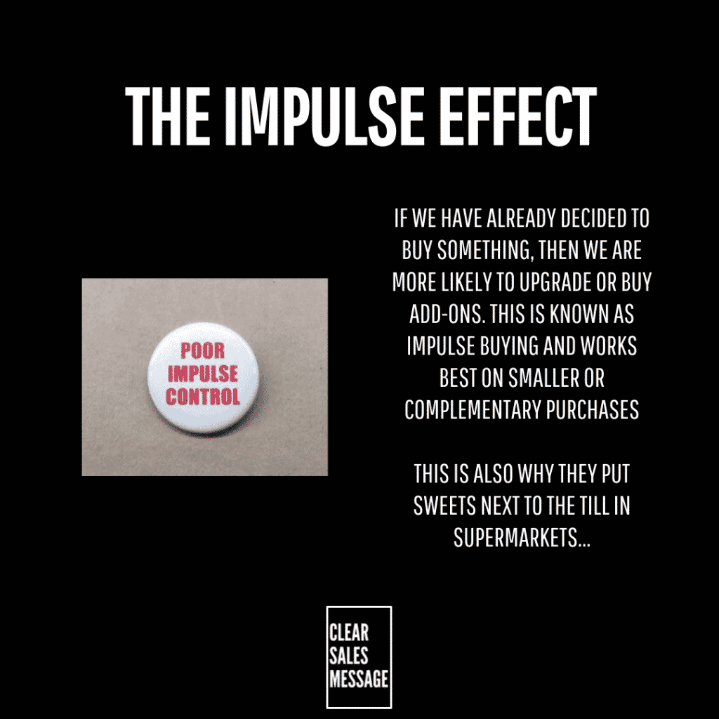 Black poster style image with the title the impulse effect left shows a grey badge reading poor impulse control right side contains explanatory text about impulse buying bottom small outlined box says clear sales message