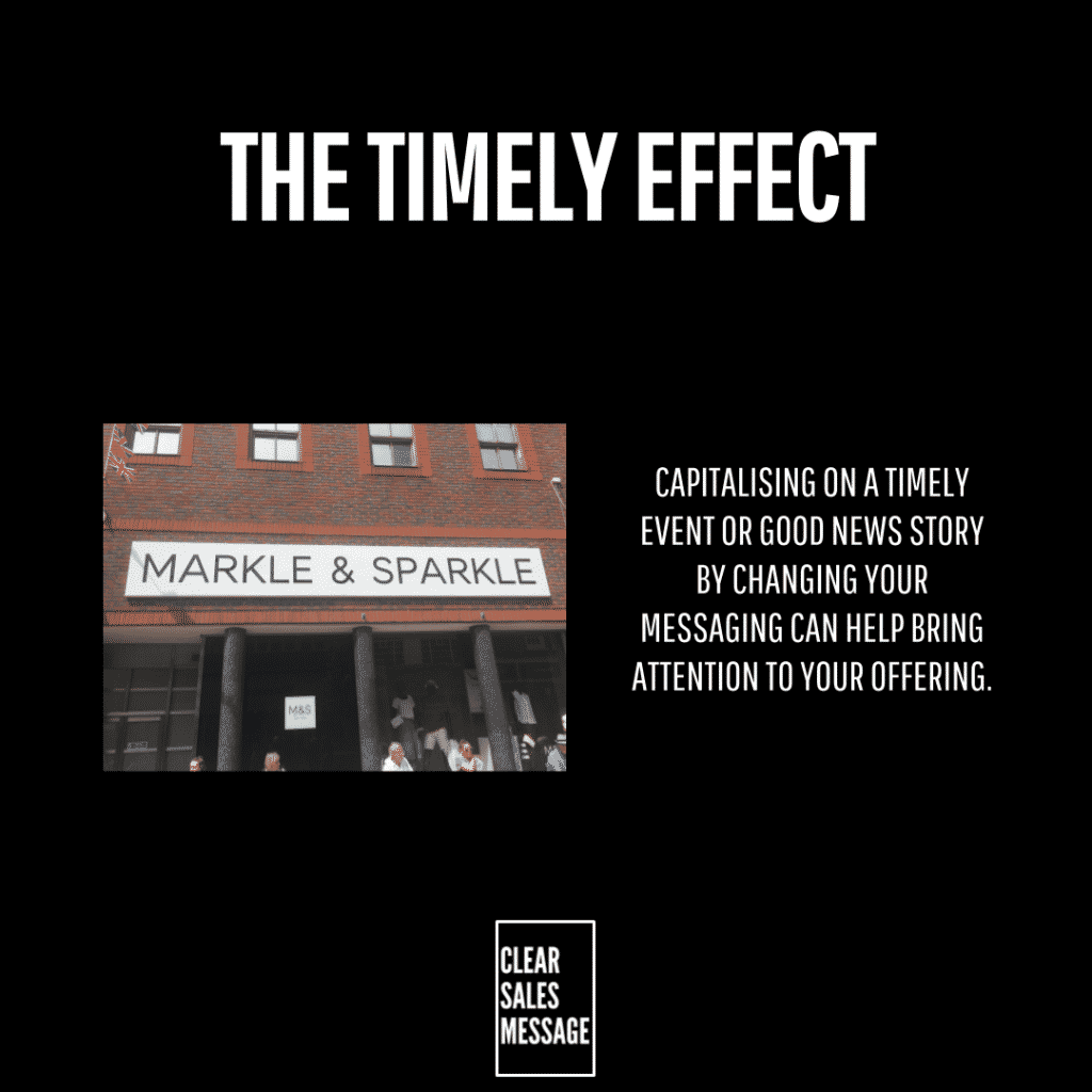 The timely effect Black promotional poster large title'THE TIMELY EFFECT'; left: storefront photo with 'MARKLE & SPARKLE'; right: bold text about capitalising on timely events; bottom white-framed 'CLEAR SALES MESSAGE' logo.