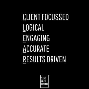 Black background with five stacked white words client focused logical engaging accurate results driven small square logo reads clear sales message