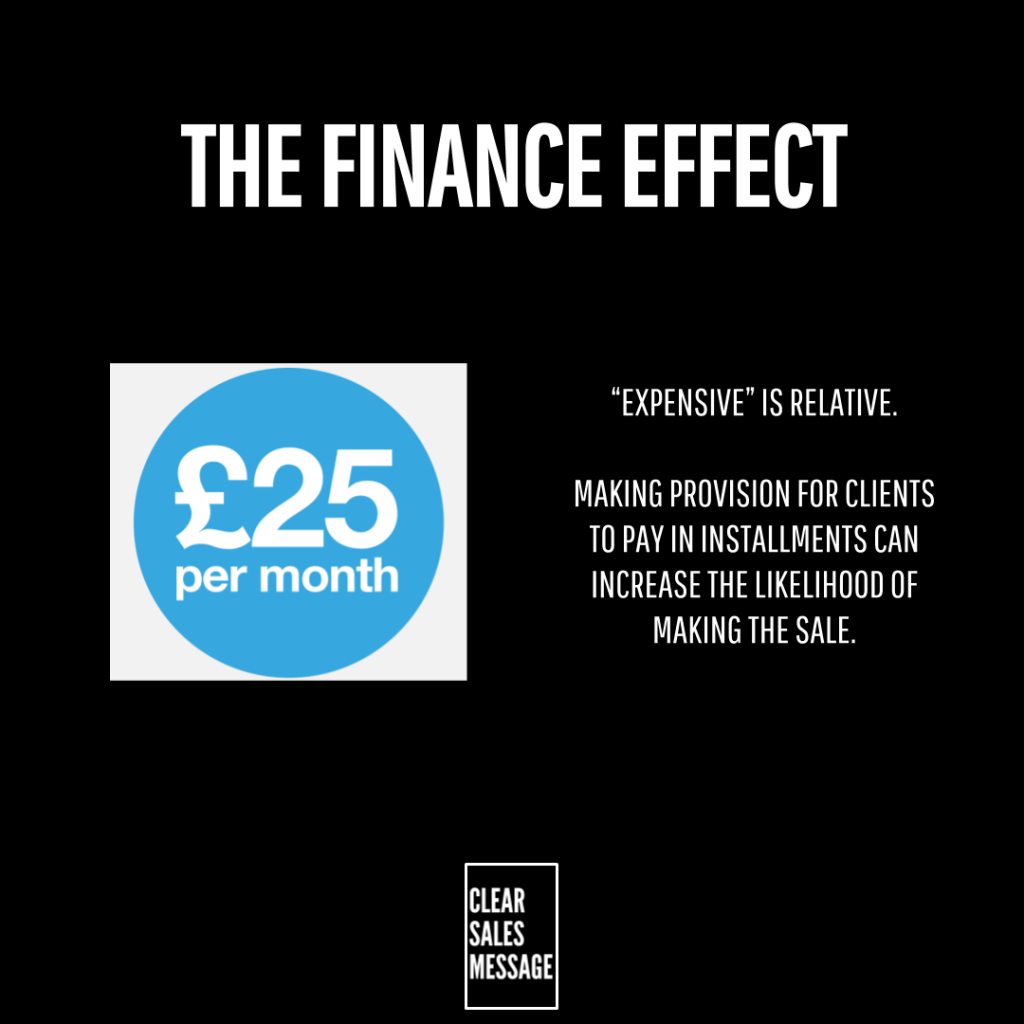 Slide titled the finance effect with a blue £25 per month badge and text about installments clear sales message logo at bottom
