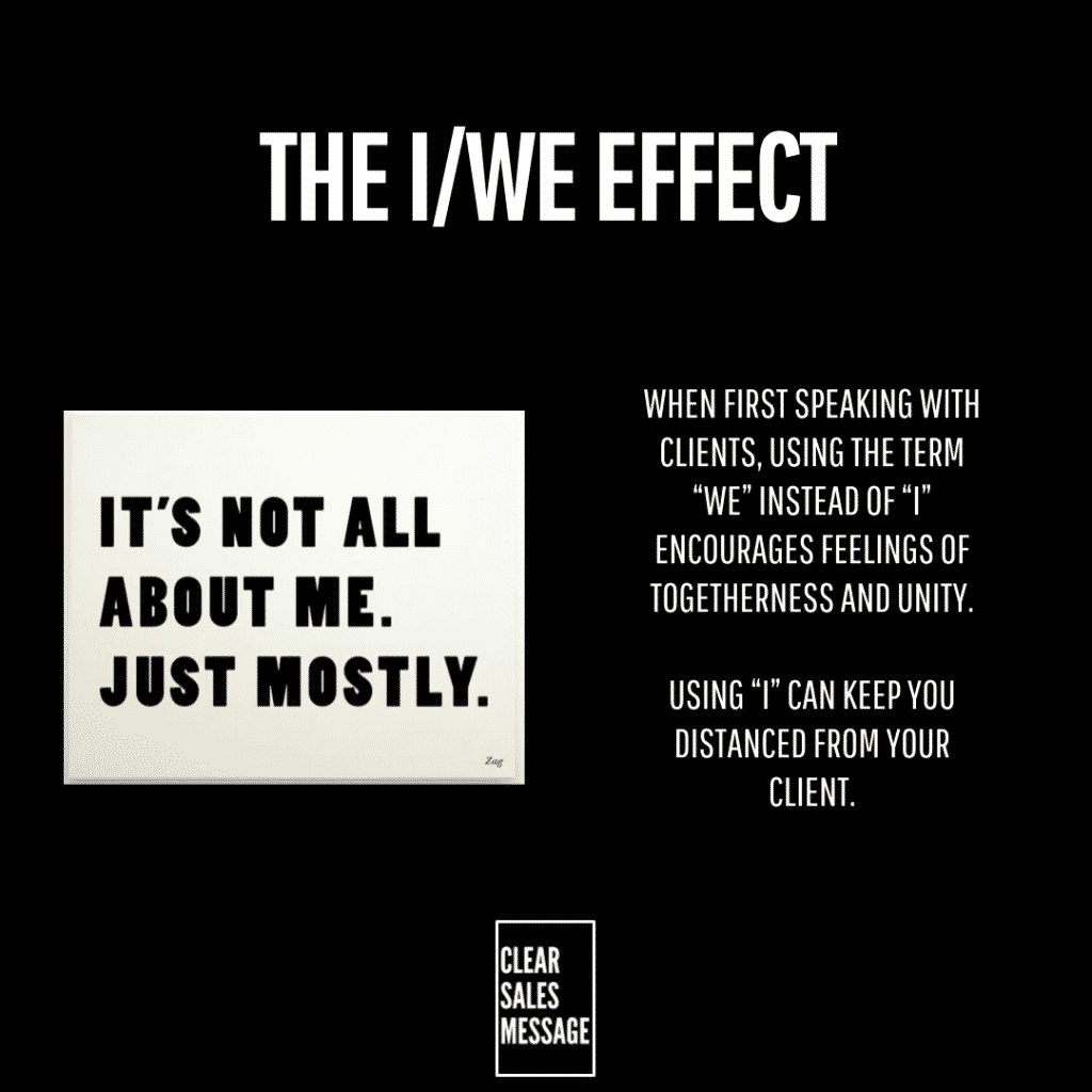 Black poster titled the iwe effect with a white card reading its not all about me Just mostly  right column explains using we instead of i to foster client distance brand box clear sales message at bottom