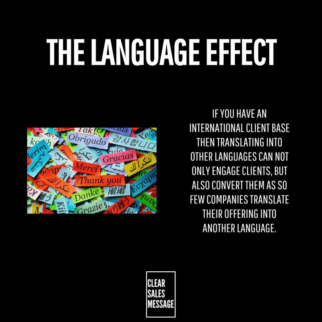 Black poster with the language effect title right side text about translating for international clients left a collage of multilingual thank you notes logo bottom center