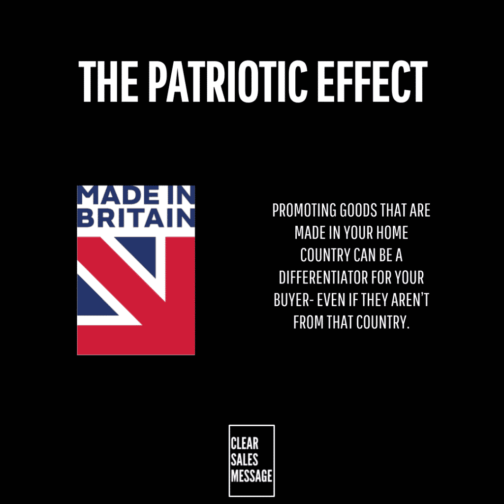 Cover slide title the patriotic effect on black background with a made in britain flag graphic and a white clear sales message logo below