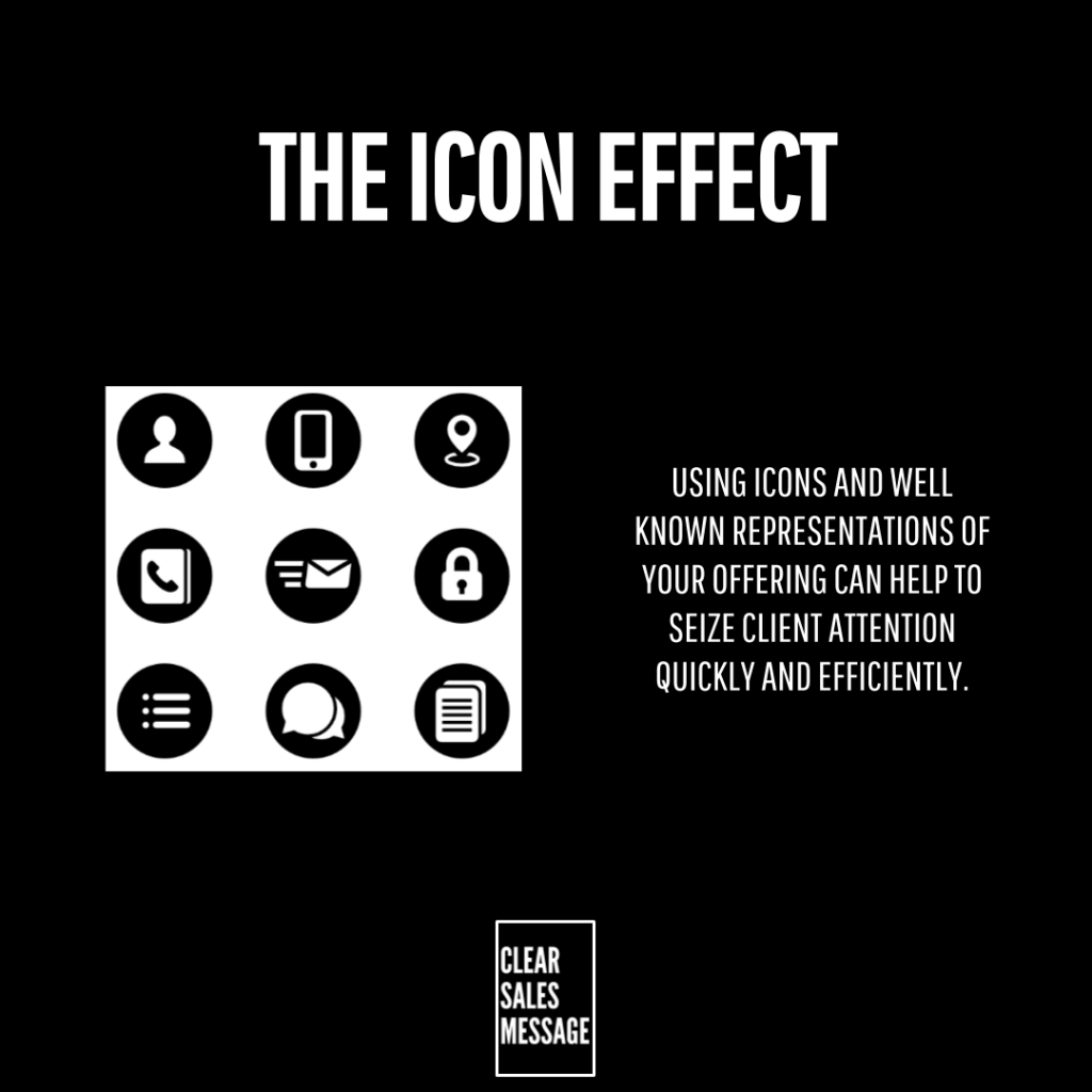 Slide titled the icon effect with a 3x3 grid of black circular icons on the left and explanatory text on the right clear sales message button at bottom