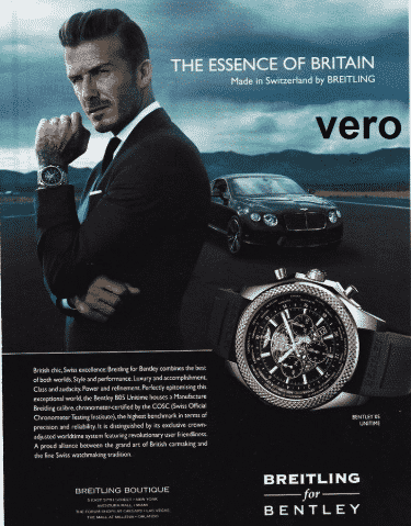 Breitling for bentley advertisement featuring a suited man a luxury car and a close up wristwatch slogan the essence of britain