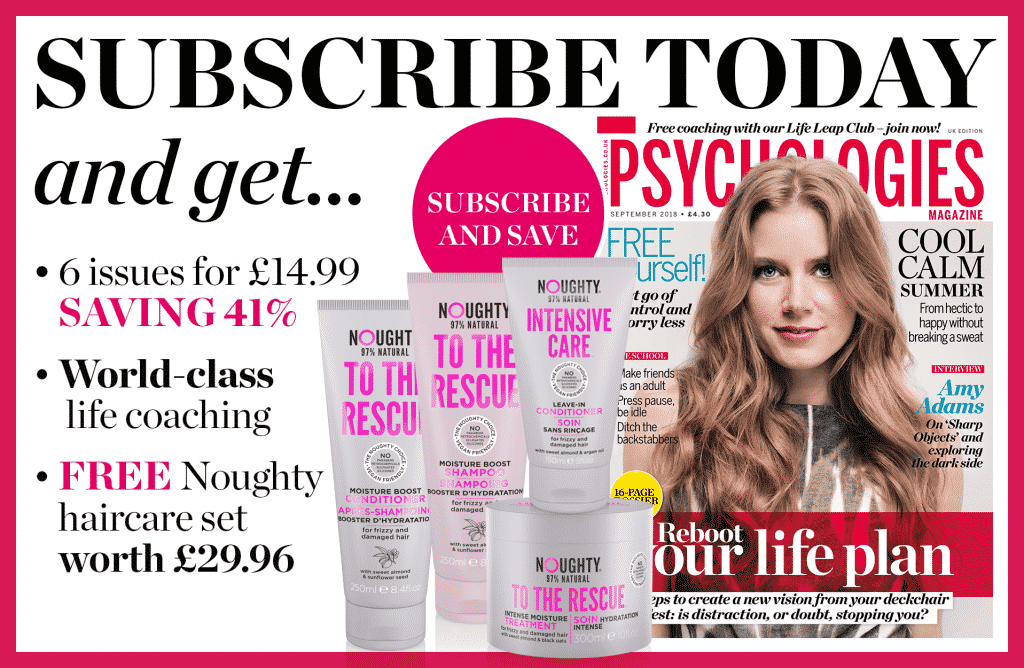Promotional magazine collage with large subscribe today text beauty products in front and a smiling woman on the right