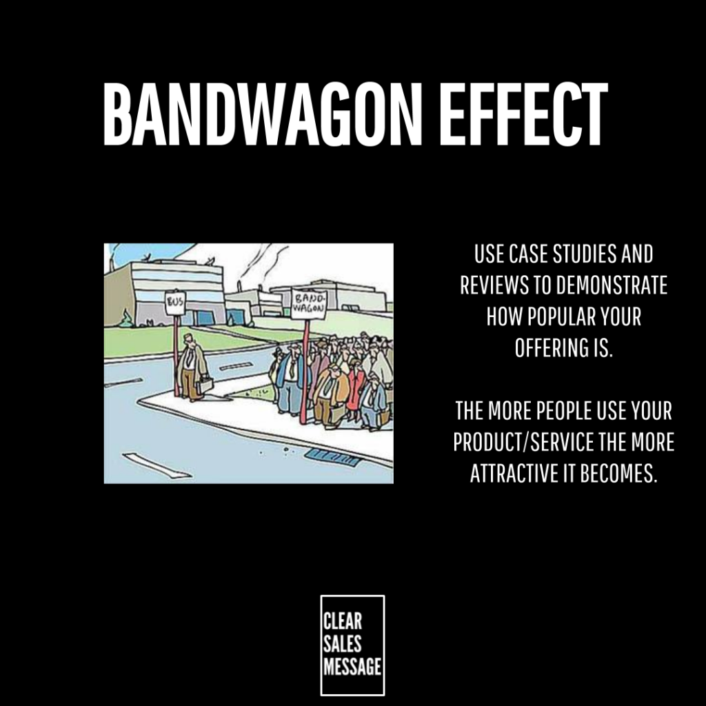 Bandwagon effect Black poster titled bandwagon effect cartoon crowd lining up at a bus stop near a building with explanatory text to the right about using case studies and reviews