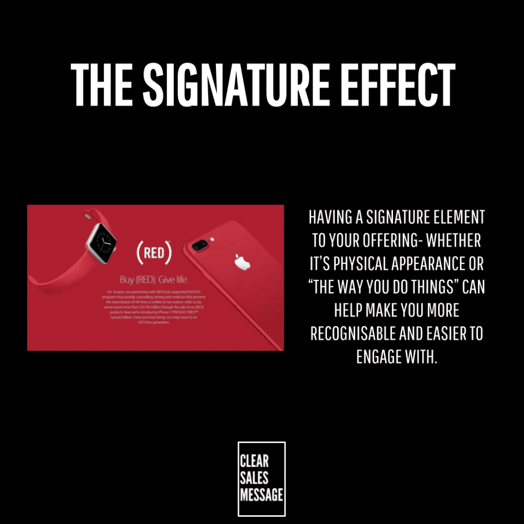 Slide featuring the signature effect title left red promo image with apple watch and iphone right white text about signature elements bottom center white outline box reading clear sales message