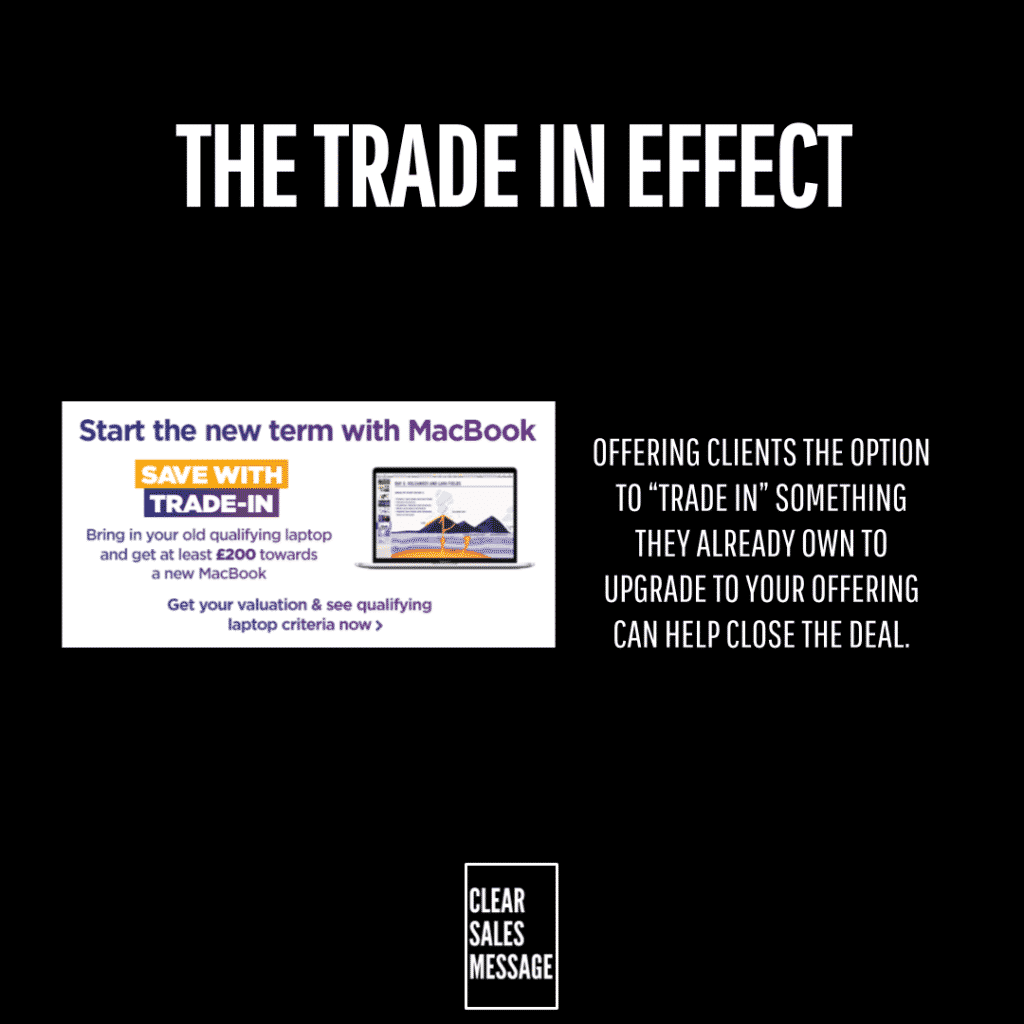 The trade in effect Slide titled the trade in effect with a macbook trade in promo on the left and explanatory text on the right logo bottom center