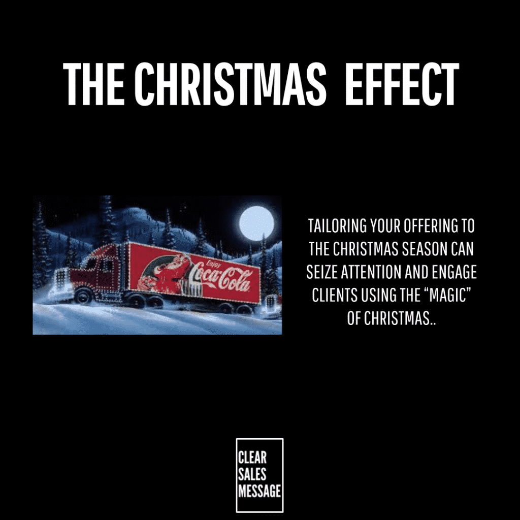 Slide with the title the christmas effect left displays a snowy cocacola truck image right shows a vertical text block about tailoring offers for christmas bottom logo reads clear sales message