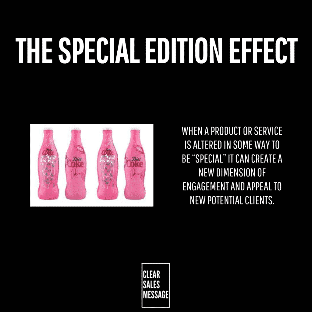 Slide titled the special edition effect with four pink diet coke bottles on the left and a right side explanation about special editions plus a white bordered clear sales message box at the bottom center