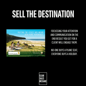 Slide with large sell the destination headline left shows a beach advertisement image right contains bold copy about focusing on end results for clients small clear sales message badge at bottom