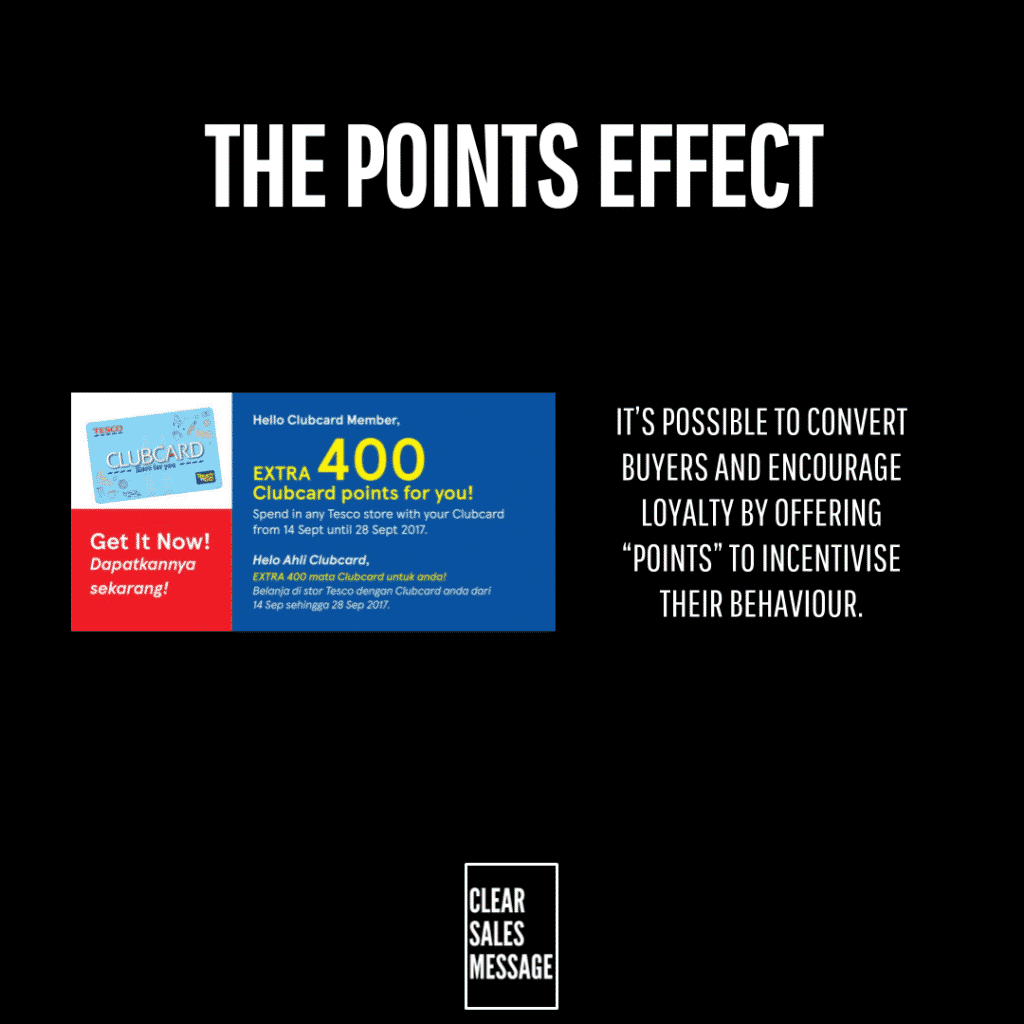 Black background with the heading the points effect left shows a tesco clubcard promo image right explains using points to incentivize loyalty bottom logo