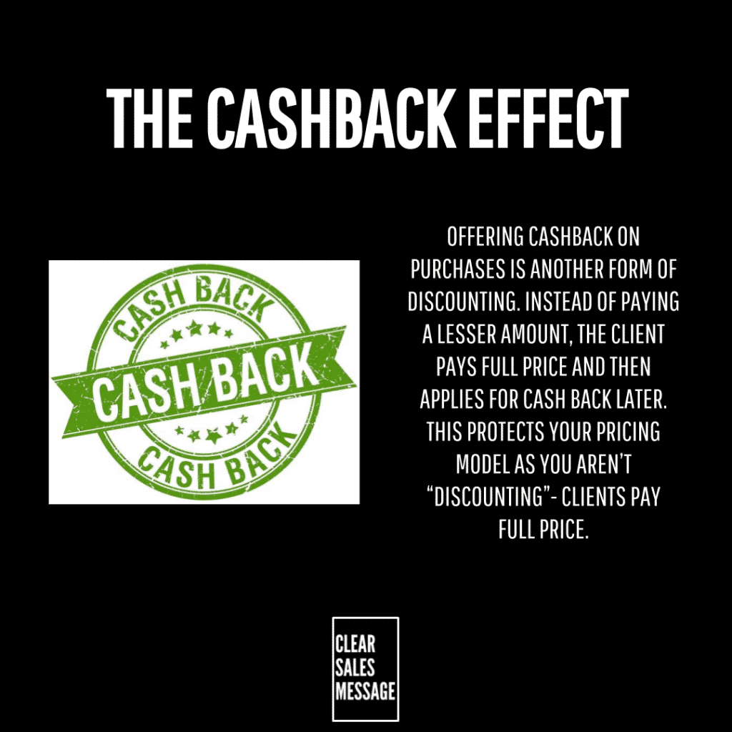 Poster titled the cashback effect with a green cashback stamp on the left and explanatory text on the right small clear sales message logo at bottom