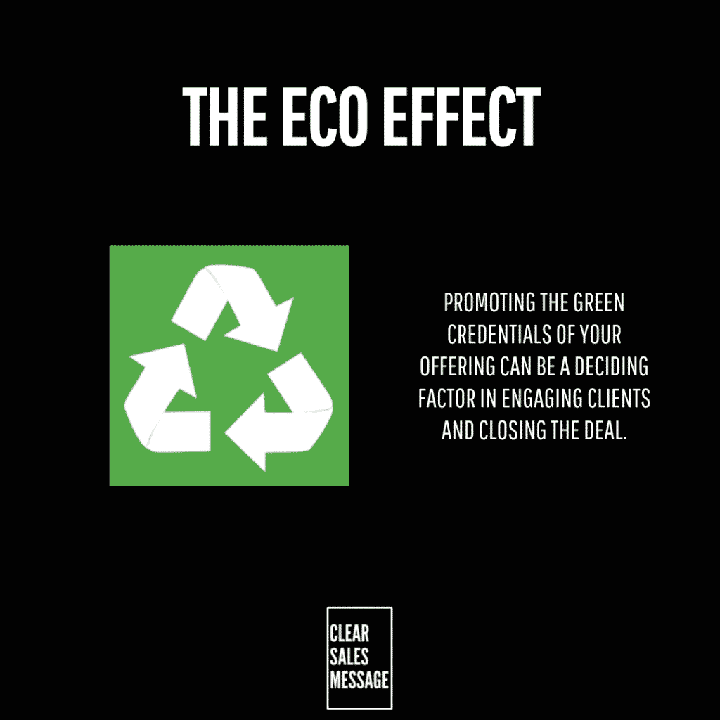 Slide titled the eco effect on a black background with a green recycling symbol on the left and a bold text message about green credentials influencing client decisions on the right