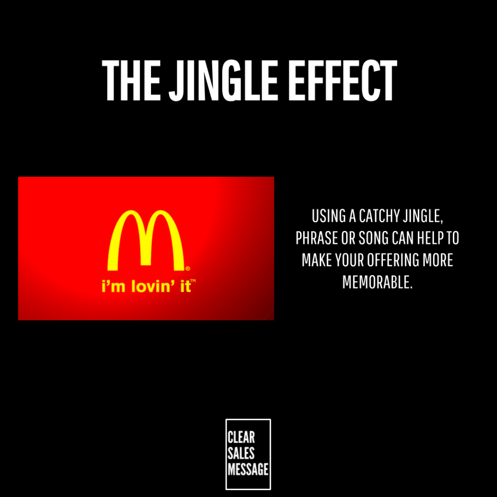 Poster style graphic titled the jingle effect with mcdonalds red panel and golden arches im lovin it explanatory text on the right and a clear sales message box at the bottom