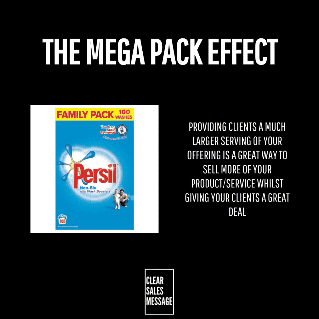 The mega pack effect Slide titled the mega pack effect with a persil detergent box on the left and a bold message on the right on a black background