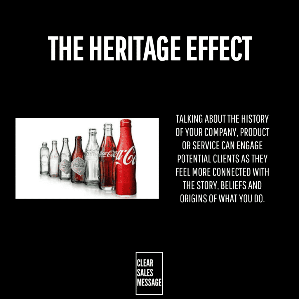 The heritage effect Black background with the title the heritage effect left shows a row of cocacola bottles right a paragraph about engaging customers through history small clear sales message logo at bottom
