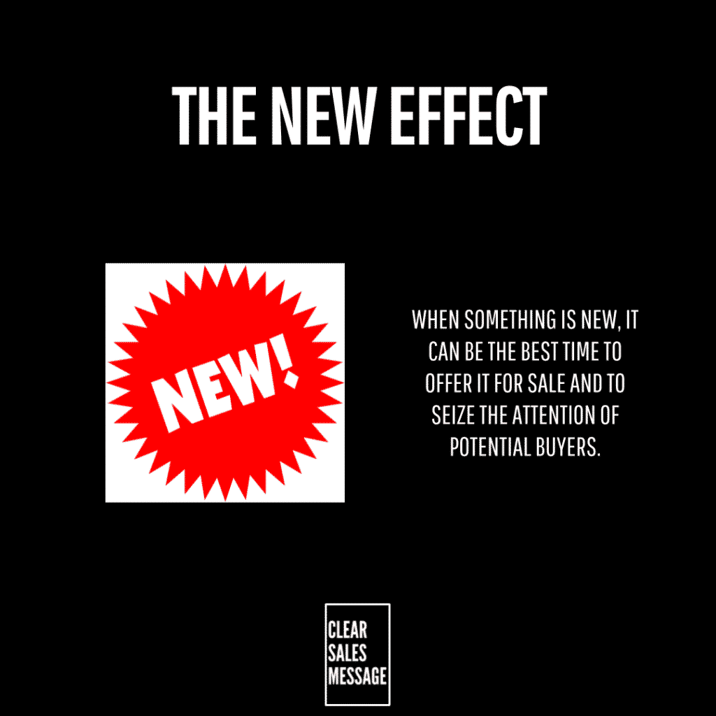 Black slide with the heading the new effect left red starburst graphic saying new In a white square right white block text about seizing buyers attention bottom small bordered box reading clear sales message