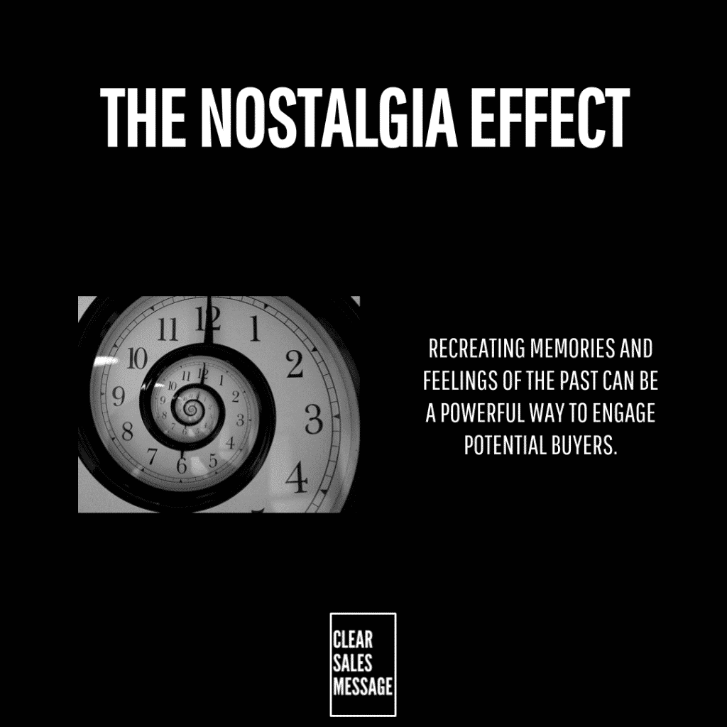 Promo graphic titled the nostalgia effect with a spiraling clock on the left and a memory focused marketing caption on the right clear sales message logo at bottom